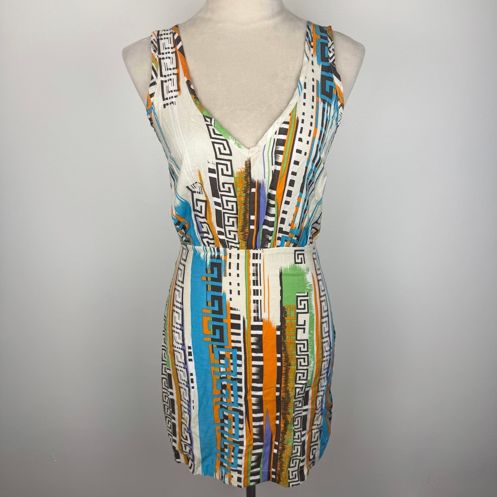 Solemio Geometric Babydoll Full Open Back Mini Dress Multi Color Back Tie Size M